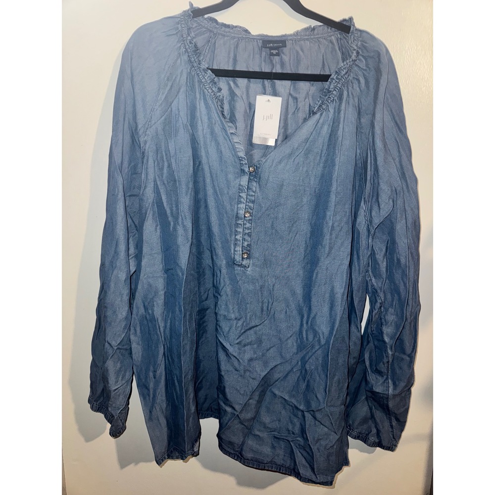J. Jill Denim Blue Tencel Lyocell Ruffle Henley Blouse 4X NWT
